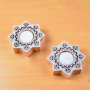 Wood carved Star Tea-Light Holders (set of 2)